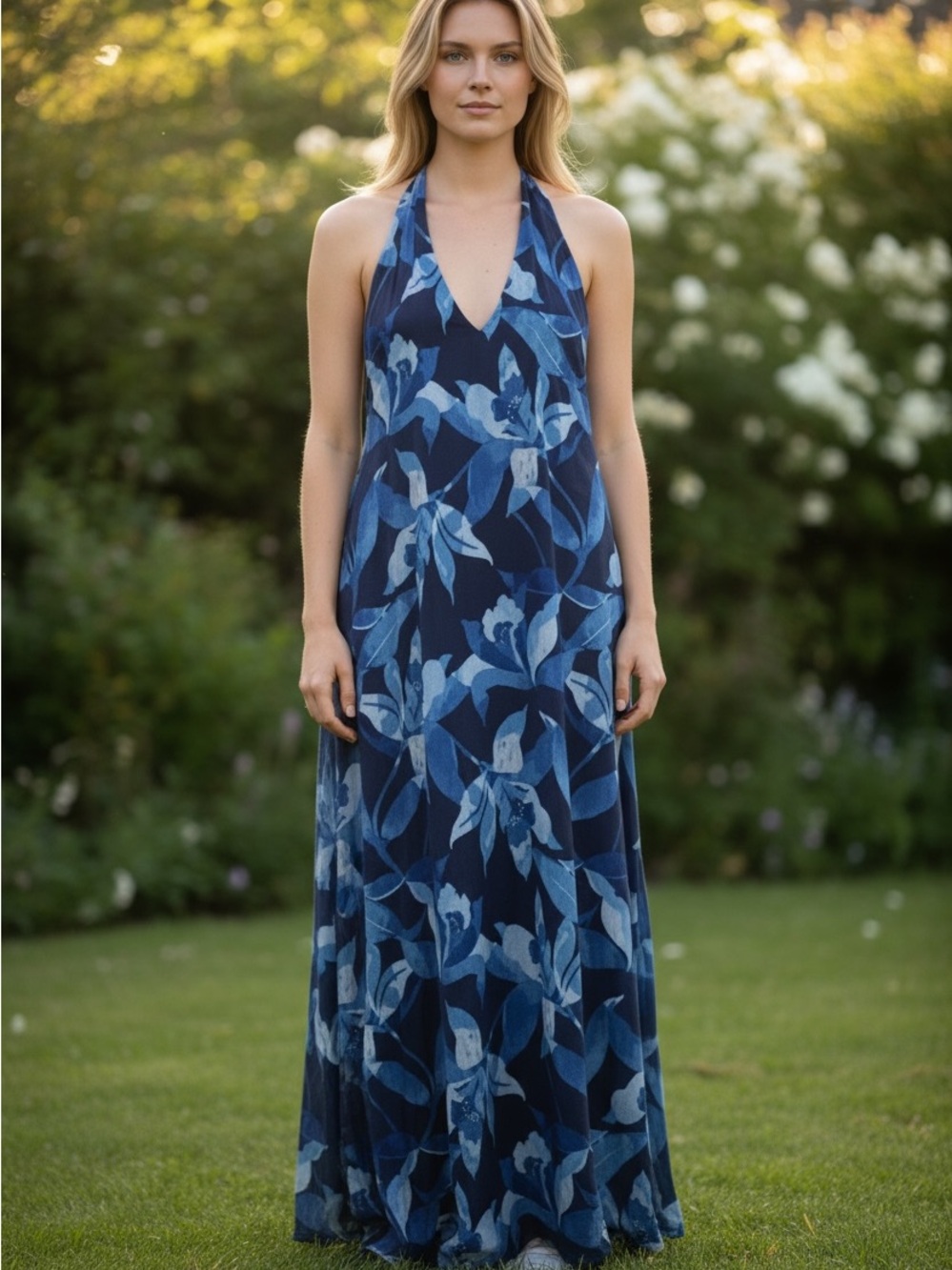 Beach Vacation Wedding Guest Tommy Bahama Blue Floral Halter Maxi Dress